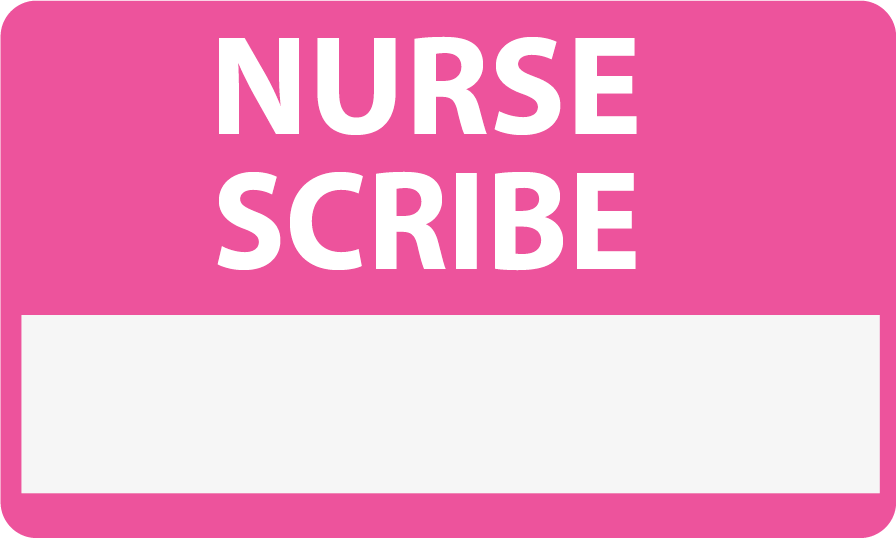 Emergency staff tag "NURSE SCRIBE" - White on Pink, 60mm x 100mm, 125 per roll