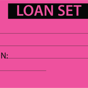 LOAN SET - 50 x 90, Black Print on Pink, with HEARTS, Packs of 100 with Ties