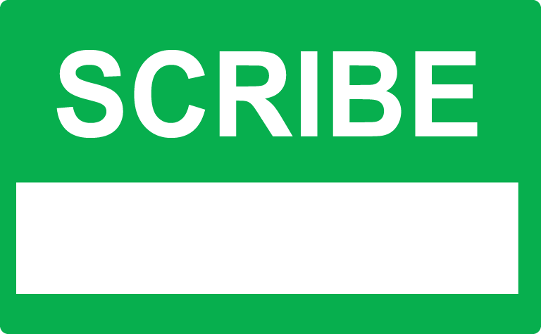 Emergency staff tag- "SCRIBE "- White on Green , 60mm x 100mm, 250 per roll