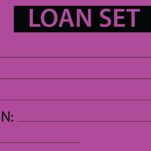 LOAN SET - 50 x 90, Black Print on Violet, 100 per pack with ties