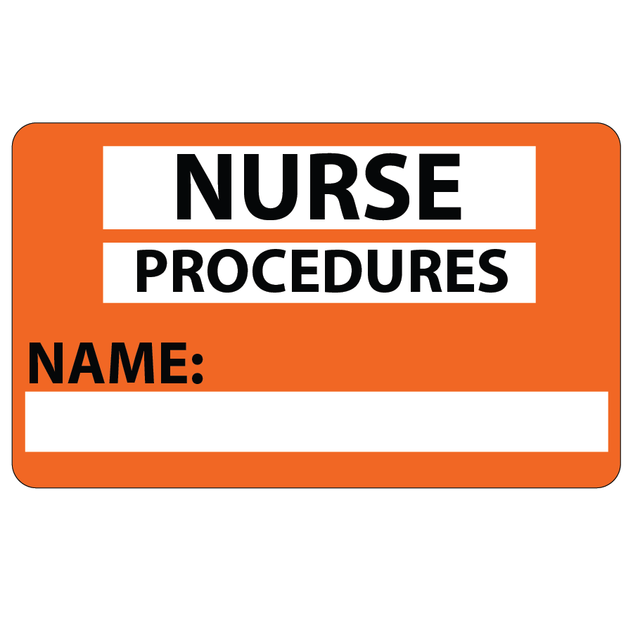 Emergency staff tag "Nurse Procedures" - Black on Orange, 60mm x 100mm, 125 per roll