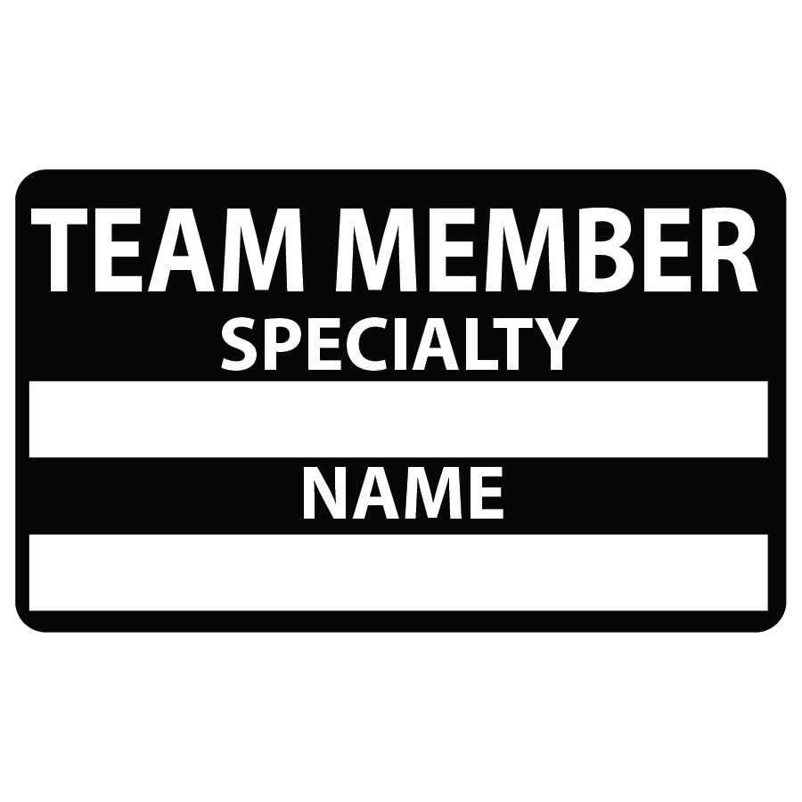 Emergency staff tag "TEAM MEMBER SPECIALITY NAME" - White on Black, 60mm x 100mm, 125 per roll