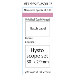 Hysto scope set 35 deg x 2.9mm' Alexandria Specialist D.H. Pre-printed white Piggy Back label with steam indicator 72mm x 35mm 500 per roll