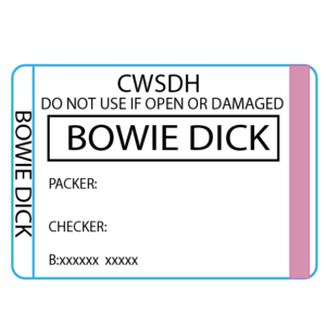 Bowie Dick - 50 x 35 , Black print on White piggyback Label with steam indicator 500 per roll