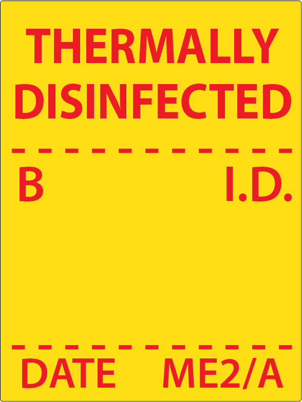 THERMALLY DISINFECTED LABELS - 36 x 27mm, Red print on Yellow Label, 400 per roll