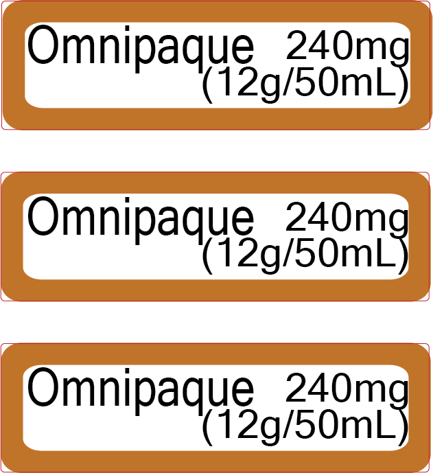 Omnipaque 240mg/ml 12g Iodine/50ml (3 up per pouch) - Black on White with Brown border - Paper with acrylic perm adhesive, 100 pouches per box - GAMMA STERILISED