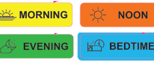 MORNING, NOON, EVENING, BEDTIME- 40 x 12, PAPER, Black print on Yellow, Orange, Green and Blue Labels,, 800 per roll