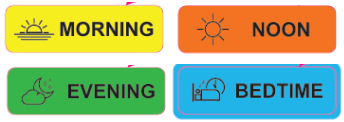 MORNING, NOON, EVENING, BEDTIME- 40 x 12, PAPER, Black print on Yellow, Orange, Green and Blue Labels,, 800 per roll