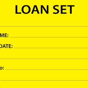 LOAN SET - 90X50mm, Black print on Yellow Polytag, 100 per pkt, w/ ties