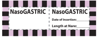 NasoGASTRIC - 70 x 25mm, perforated, vellum, perm adhesive with Black/VIOLET hatched border lines, 500 per roll