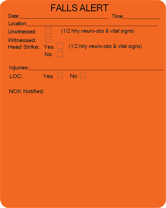 FALLS ALERT - PAPER, 100 x 80, Black print on Fluoro Orange Label , 400 per roll
