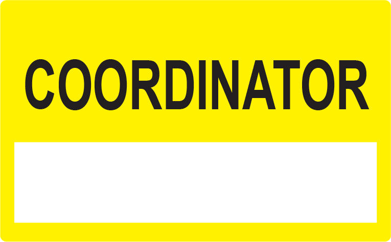 Emergency staff tag "COORDINATOR" - Black on Yellow, 60mm x 100mm, 250 per roll
