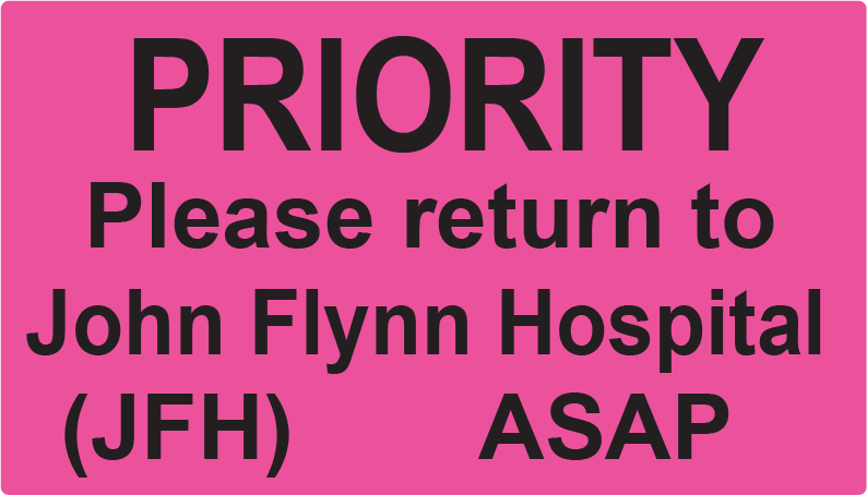 PRIORITY Return to JFH - 70x40mm, Black print on Fluoro Pink label, 500/roll