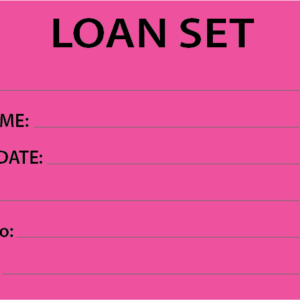 LOAN SET - 90 x 50, Black print on Pink,100 per packet with ties.