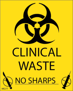 CLINICAL WASTE NO SHARPS – 100 x 80, POLY, 400 per roll, BLACK ON YELLOW