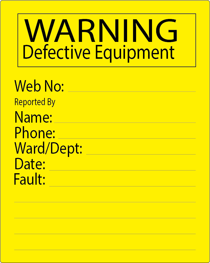 WARNING DEFECTIVE EQUIPMENT LABEL - 80 x 100mm, POLY, Black on PROCESS YELLOW C, 38mm Core, 500 per roll
