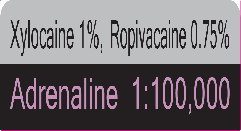 Xylocaine 1% Ropivacaine 0.75% Adrenaline 1:100,000 - 40 x 12, PAPER, Black print on Grey Label with Black on violet reverse print, 800 per roll