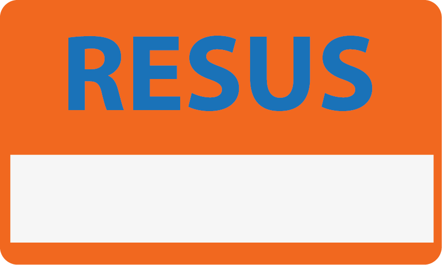 Emergency staff tag "RESUS" - Blue Print on Orange label with White, 60mm x 100mm, 250 per roll