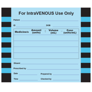 For IntraVENOUS Use Only- 60 x 50mm, Paper, perm adhesive, Blue , 500 per roll