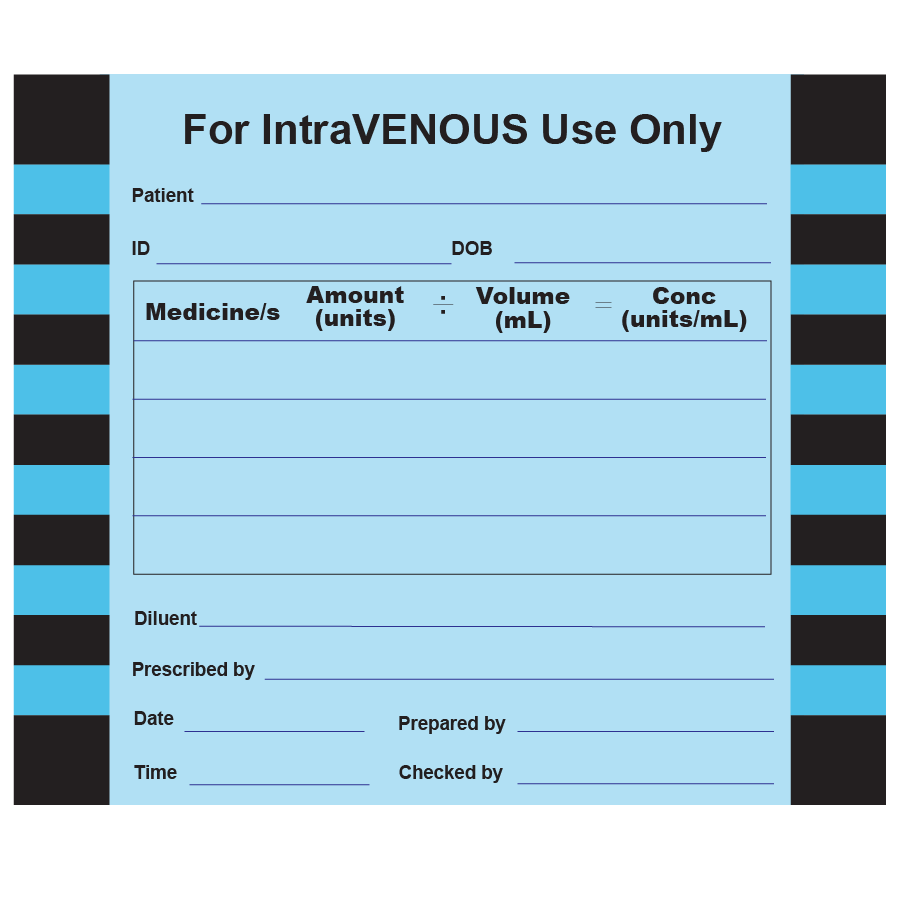 For IntraVENOUS Use Only- 60 x 50mm, Paper, perm adhesive, Blue , 500 per roll