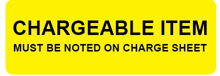 CHARGEABLE ITEM, 70 x 25, PAPER, Black print on Fluoro Yellow label, 500 per roll