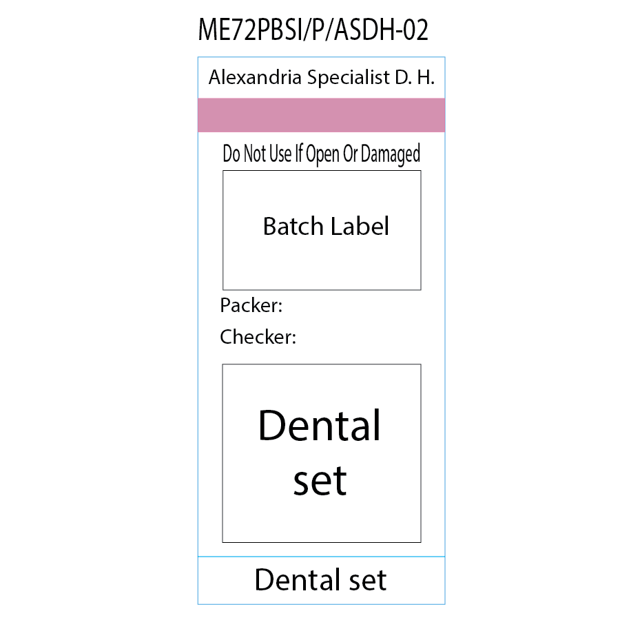 Dental set' Alexandria Specialist D.H. Pre-printed white Piggy Back label with steam indicator 72mm x 35mm 500 per roll