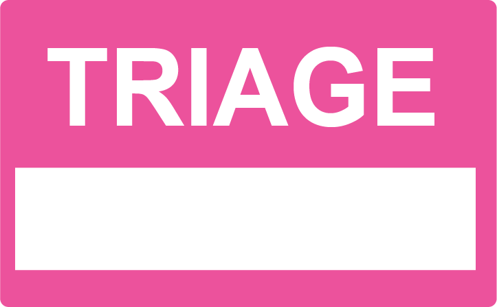 Emergency staff tag- "TRIAGE "- White on Pink , 60mm x 100mm, 250 per roll
