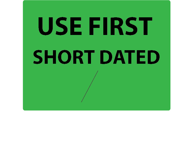 USE FIRST SHORT DATED - 27mm x 36mm, PAPER, Black print on Green label , 400 per roll.