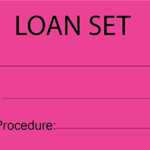 LOAN SET - 50 x 90, Black Print on Pink, 100 tags per pack with ties