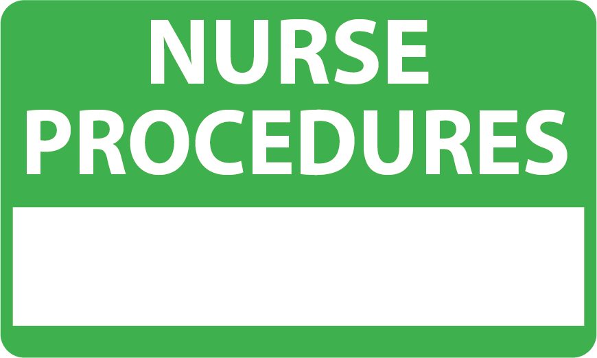 Emergency staff tag "NURSE PROCEDURES" - White on Green, 60mm x 100mm, 125 per roll