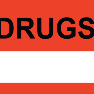 Emergency staff tag "DRUGS" - Black print on Red Label, 60mm x 100mm, 250 per roll