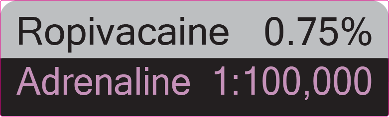Ropivacaine 0.75% Adrenaline 1:100,000 - 40 x 12, PAPER, Black print on Grey Label with Black on violet reverse print, 800 per roll