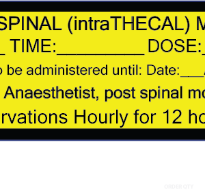 ME408/A ALERT: Spinal (intraTHECAL) MORPHINE OBSERVATIONS HOURLY FOR 12 HOURS - 168 x 41mm Label - Paper Matte - Black writing on Yellow Sticker - 100 per roll