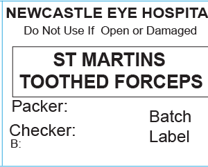 ST MARTINS TOOTHED FORCEPS - 50 x 35mm, Piggy Back Label, Black Print, 500 per roll