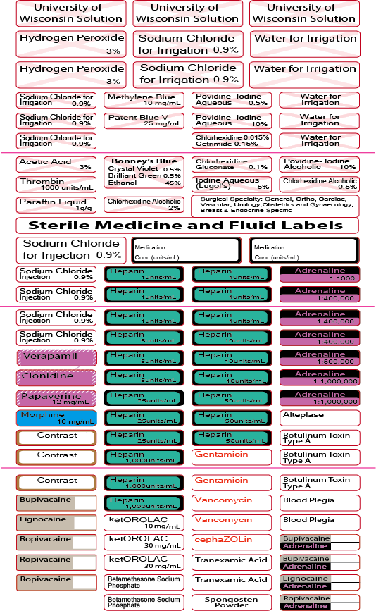 Medical and Fluid Lines Various- 101 Labels per page Sterile label Sheet- 40 x 12mm; 20 x 40mm; 20 x 55mm; 84 x 17mm;171 x 12mm- Polypropylene, with Acrylic Perm Adhesive. 1 per pouch 100 per box. GAMMA Sterilised, 3 FOLD