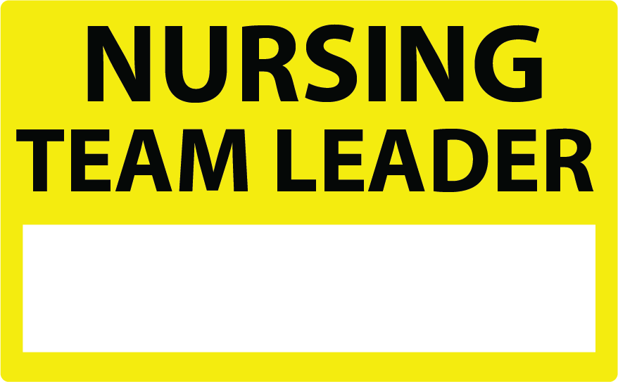 Emergency staff tag "NURSING TEAM LEADER" - Black on Yellow, 60mm x 100mm, 250 per roll