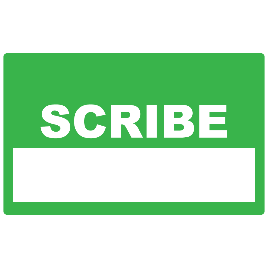 Emergency staff tag "SCRIBE" - Green on White, 60mm x 100mm, 250 per roll