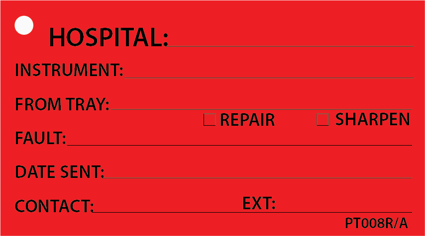 HOSPITAL, Instrument Repair Tags - 50 x 90, Black print on Red, 100 per pack with ties