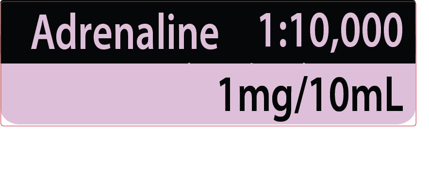 Adrenaline 1:10,000 (1mg/10ml) - 40 x 12 - Black on Violet reverse print, Polypropylene with acrylic permanent adhesive 1 label sheet per pouch, 100 per box, Gamma Sterlised