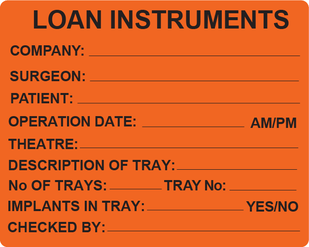 LOAN INSTRUMENTS - 100 x 80, PAPER, Black Print on Fluoro Orange label, 400 per roll