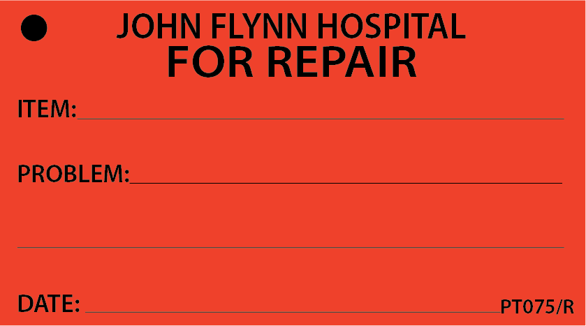 JOHN FLYNN REPAIR TAG -90 x 50, Black print on Red,100 per packet with ties..