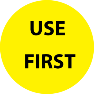 USE FIRST - 38mm DIAM FLOURO YELLOW round label, 500 per roll