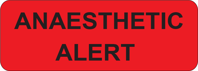ANAESTHETIC ALERT, 70 x 25, PAPER, Black print on fluoro Red Label, 500 per roll