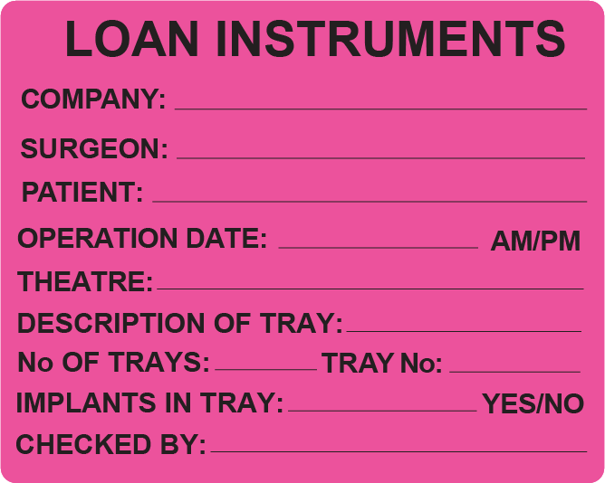 LOAN INSTRUMENTS - 100 x 80, PAPER, Black print on Fluoro Pink Label, 400 per roll